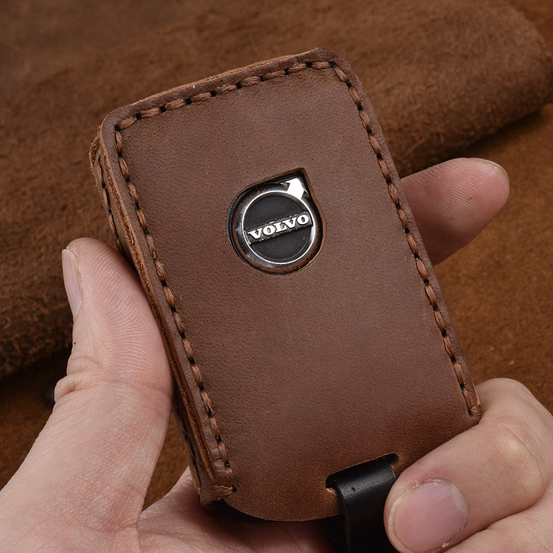 For Volvo Car Cowhide Leather Key Protective Cover Key Case (Brown)