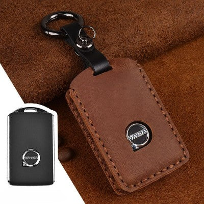 For Volvo Car Cowhide Leather Key Protective Cover Key Case (Brown)