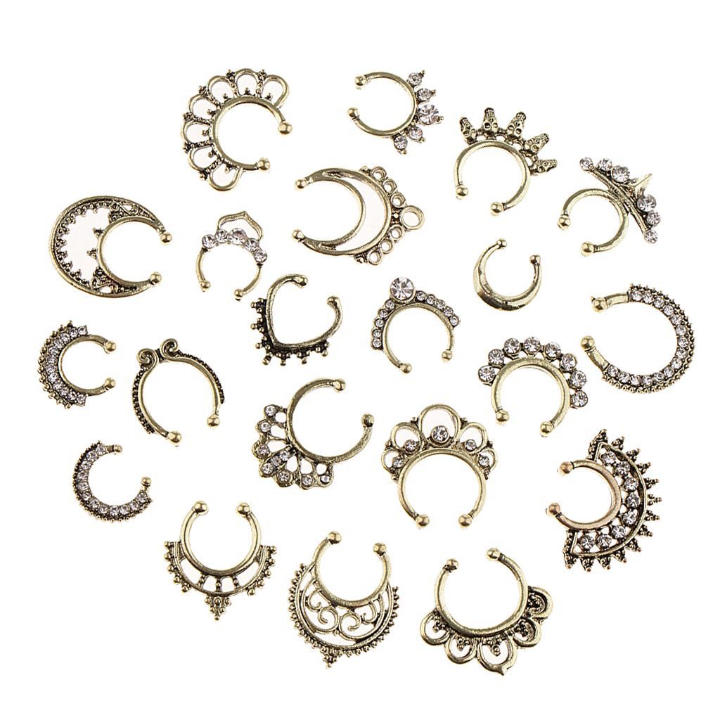 21 Pieces Crystal Fake Septum Clicker Nose Ring Non-piercing Antique Bronze