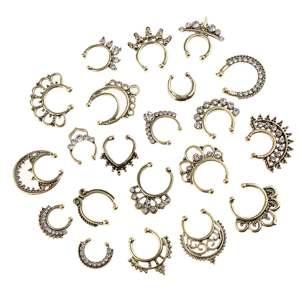 21 Pieces Crystal Fake Septum Clicker Nose Ring Non-piercing Antique Bronze