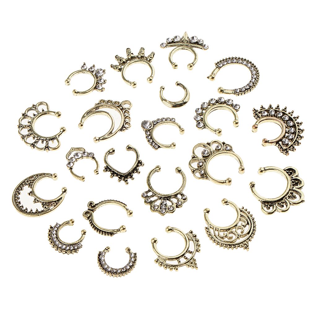 21 Pieces Crystal Fake Septum Clicker Nose Ring Non-piercing Antique Bronze