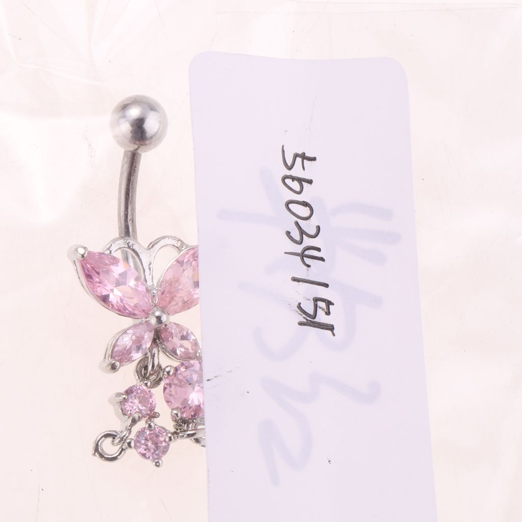 Crystal Butterfly Dangle Ball Barbell Bar Belly Button Navel Ring Pink