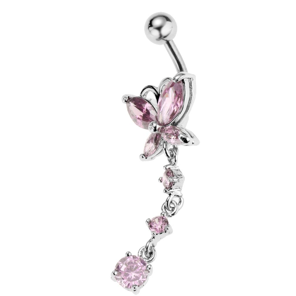 Crystal Butterfly Dangle Ball Barbell Bar Belly Button Navel Ring Pink