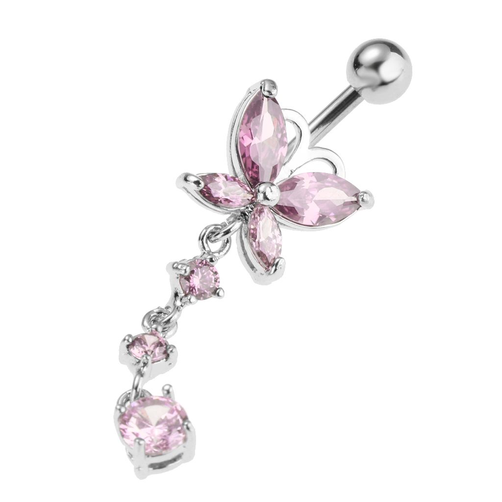 Crystal Butterfly Dangle Ball Barbell Bar Belly Button Navel Ring Pink