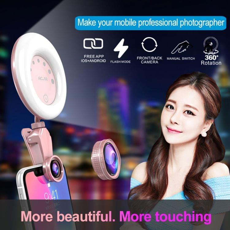 RK32 Beauty 52-LED Touch Sensor APP Control Selfie Clip Flash Fill Light with HD 4K Wide Angle / 20X Macro Lens