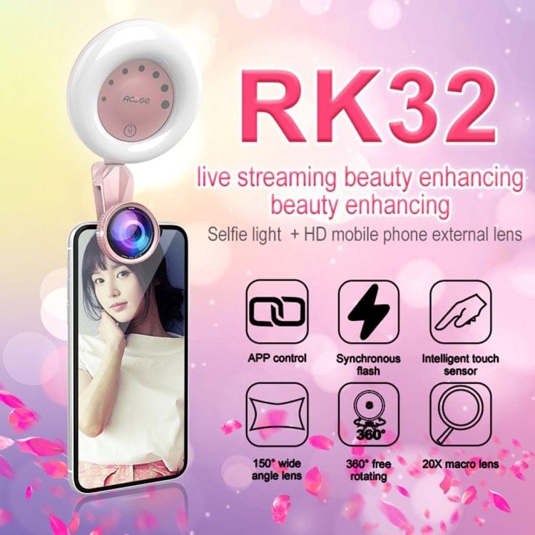 RK32 Beauty 52-LED Touch Sensor APP Control Selfie Clip Flash Fill Light with HD 4K Wide Angle / 20X Macro Lens