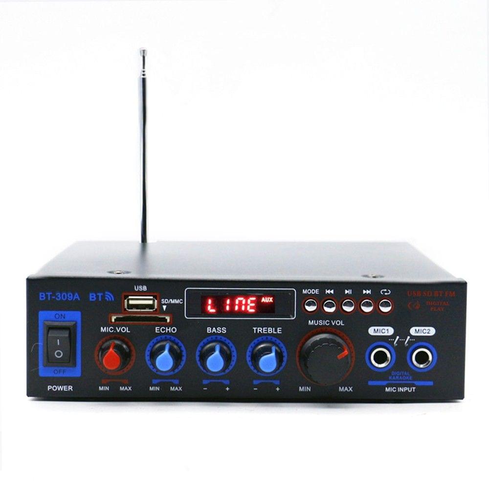 220V Mini Audio Power Amplifier BT Digital Audio Receiver AMP USB SD Slot MP3 Player FM Radio LCD Display Dual Microphone Input with Remote Control Dual Channel 50W+50W for Car Home Use