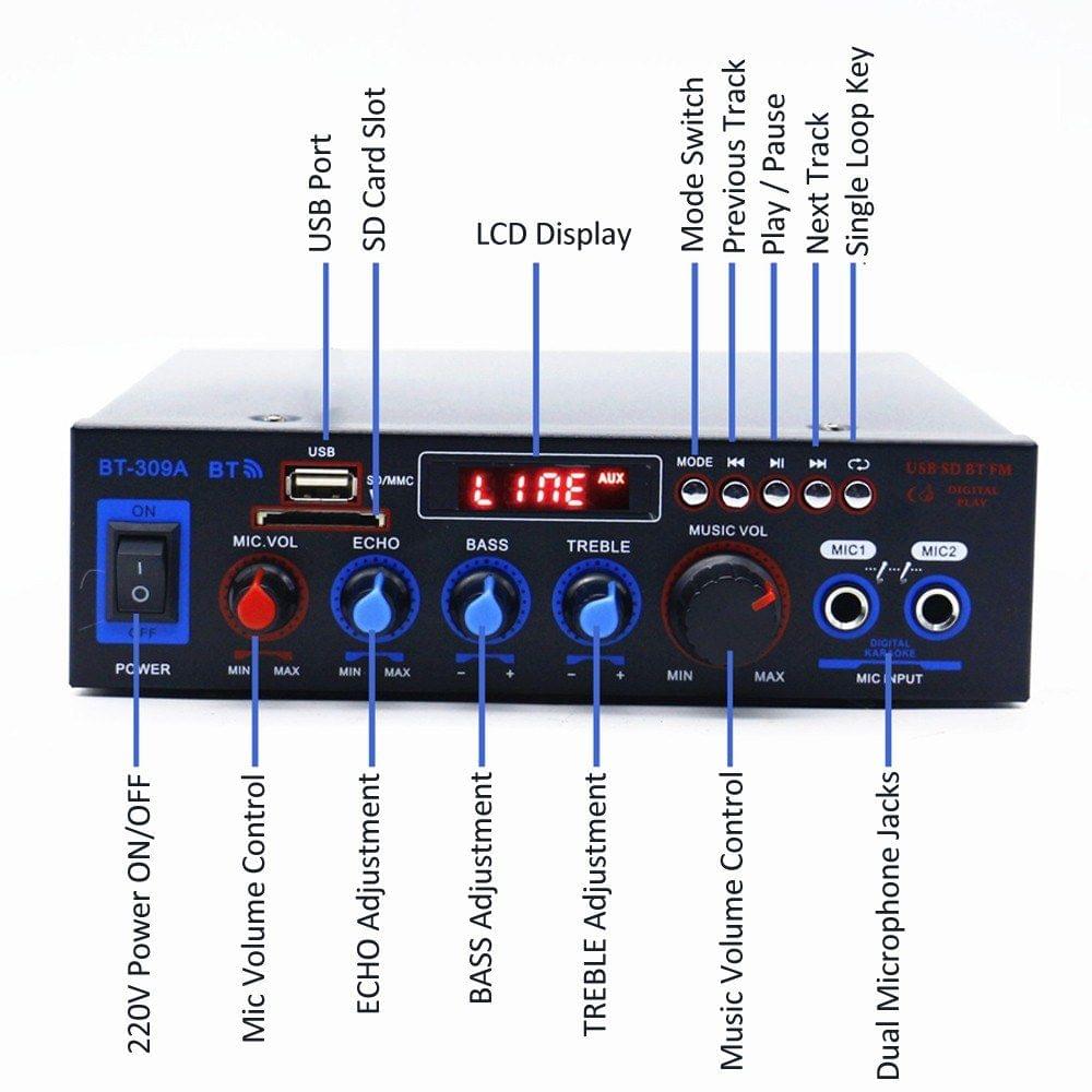 220V Mini Audio Power Amplifier BT Digital Audio Receiver AMP USB SD Slot MP3 Player FM Radio LCD Display Dual Microphone Input with Remote Control Dual Channel 50W+50W for Car Home Use