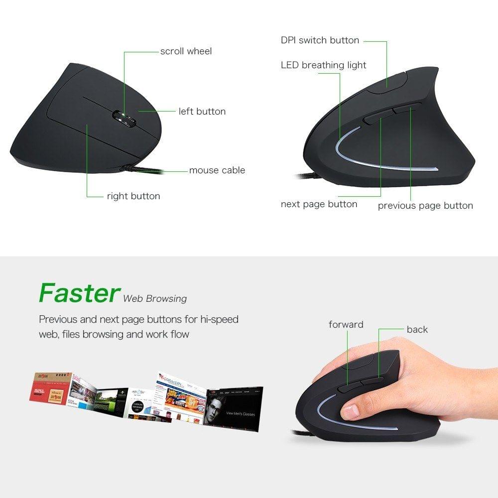 Vertical Mouse USB Ergonomic Optical Mouse High Precision Adjustable 800 / 1200 / 2000 / 3200 DPI 5 Buttons Wired for Mac Laptop PC