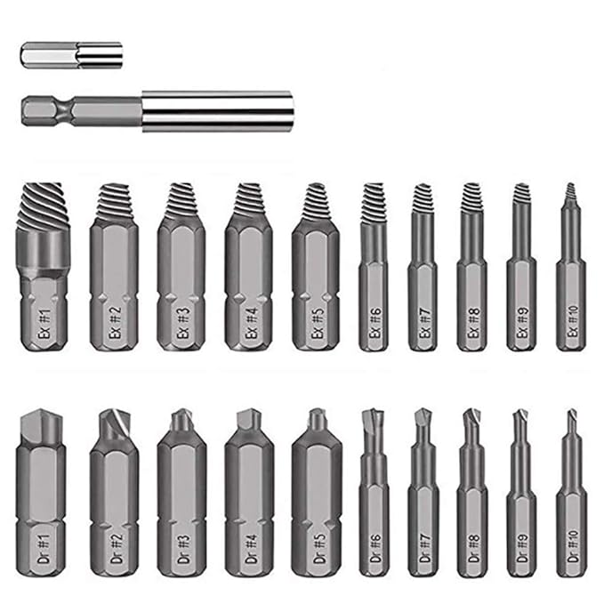 22pcs Werkzeug Damaged Stripped Screw Extractor Set for Broken Screw HSS Broken Bolt Extractor Screw Remover Set with Magnetic Extension Bit Holder Socket Adapter