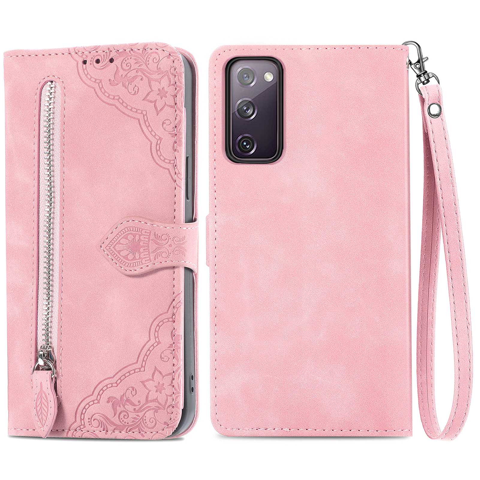 For Samsung Galaxy S20 FE 2022/4G/5G/S20 Lite Zipper Pocket Design Imprinted Leather Phone Case Stand Wallet Style Magnetic Cover with Strap - Pink