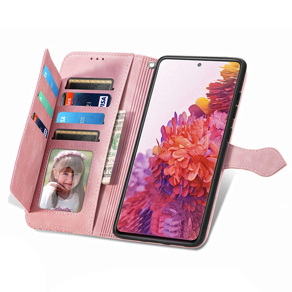 For Samsung Galaxy S20 FE 2022/4G/5G/S20 Lite Zipper Pocket Design Imprinted Leather Phone Case Stand Wallet Style Magnetic Cover with Strap - Pink