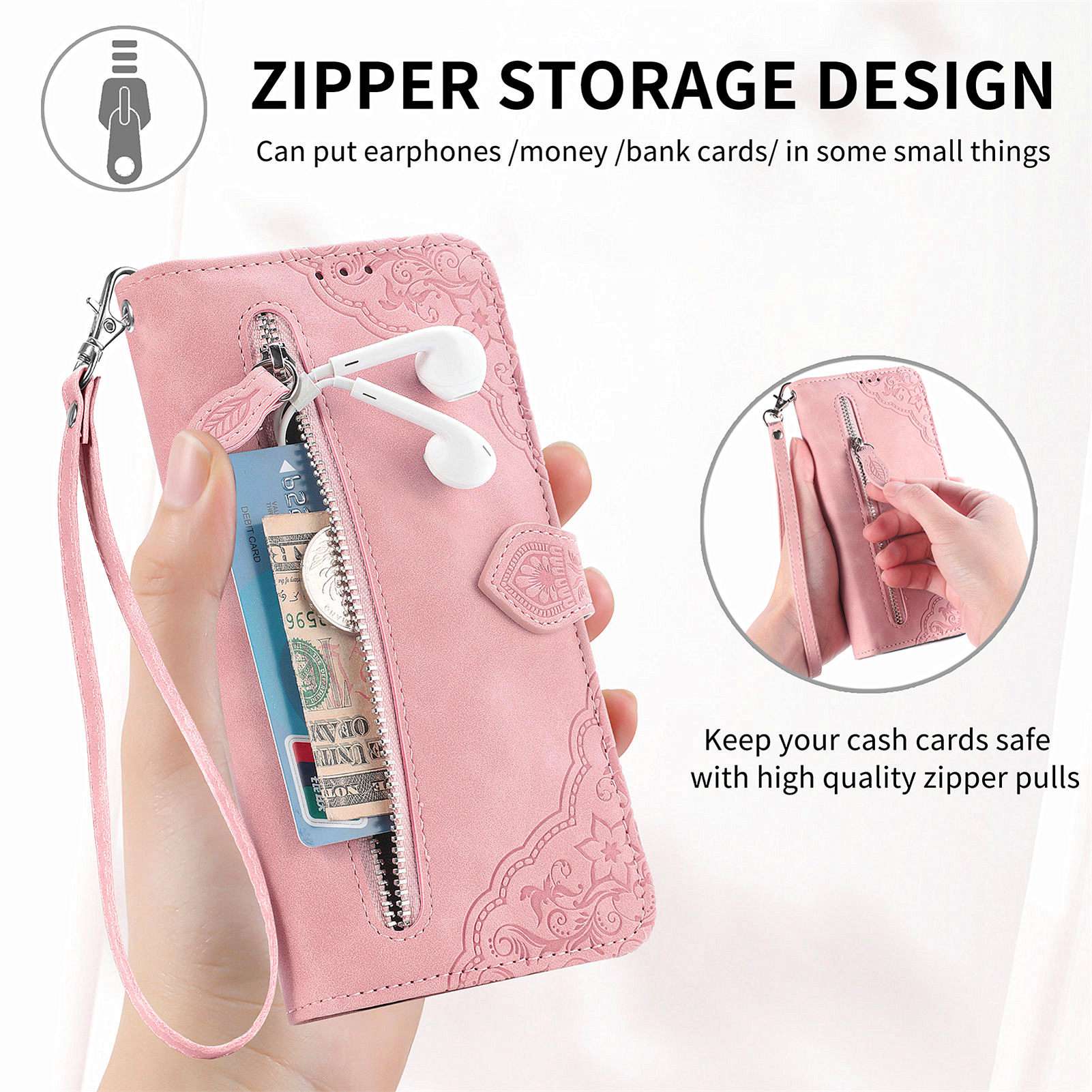 For Samsung Galaxy S20 FE 2022/4G/5G/S20 Lite Zipper Pocket Design Imprinted Leather Phone Case Stand Wallet Style Magnetic Cover with Strap - Pink