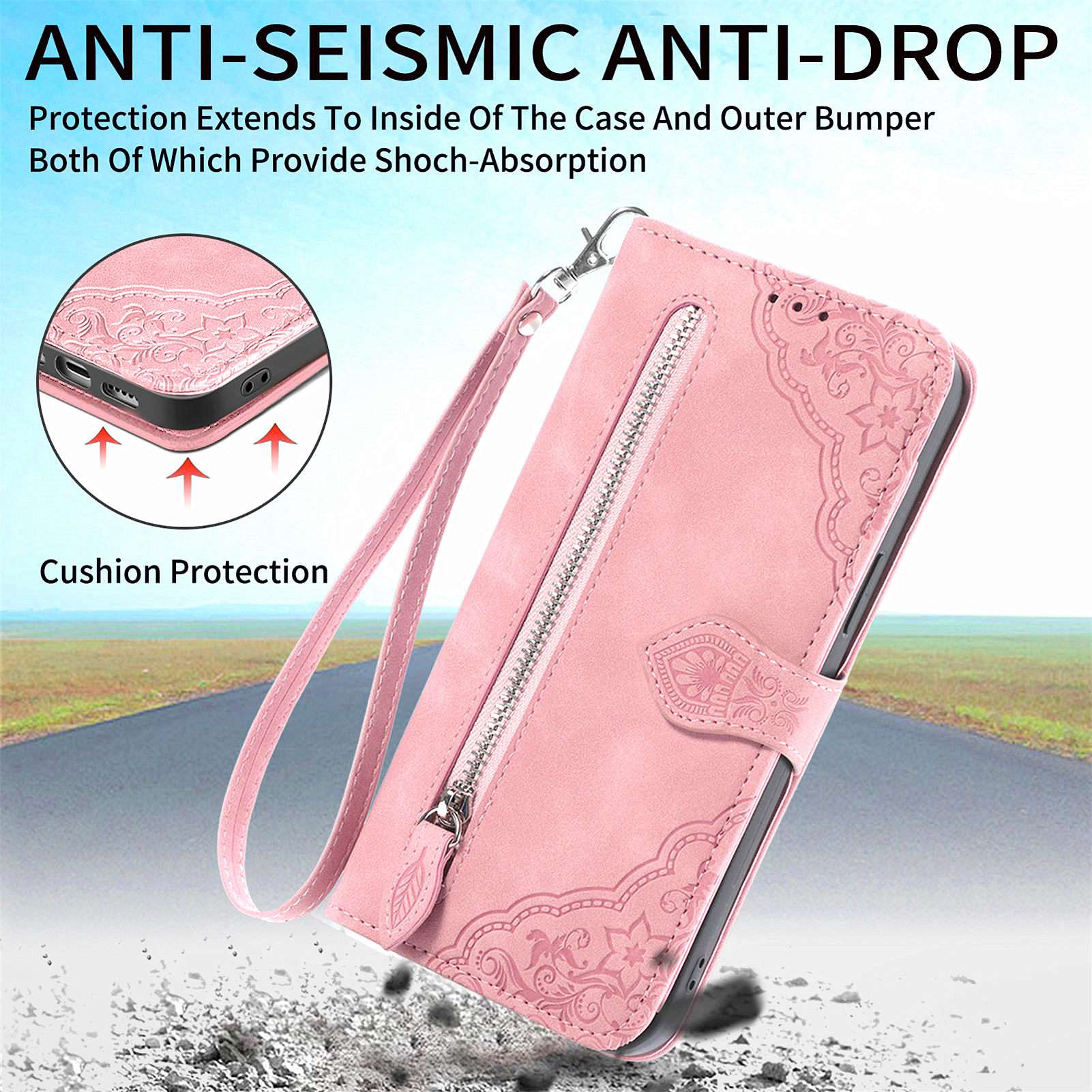 For Samsung Galaxy S20 FE 2022/4G/5G/S20 Lite Zipper Pocket Design Imprinted Leather Phone Case Stand Wallet Style Magnetic Cover with Strap - Pink