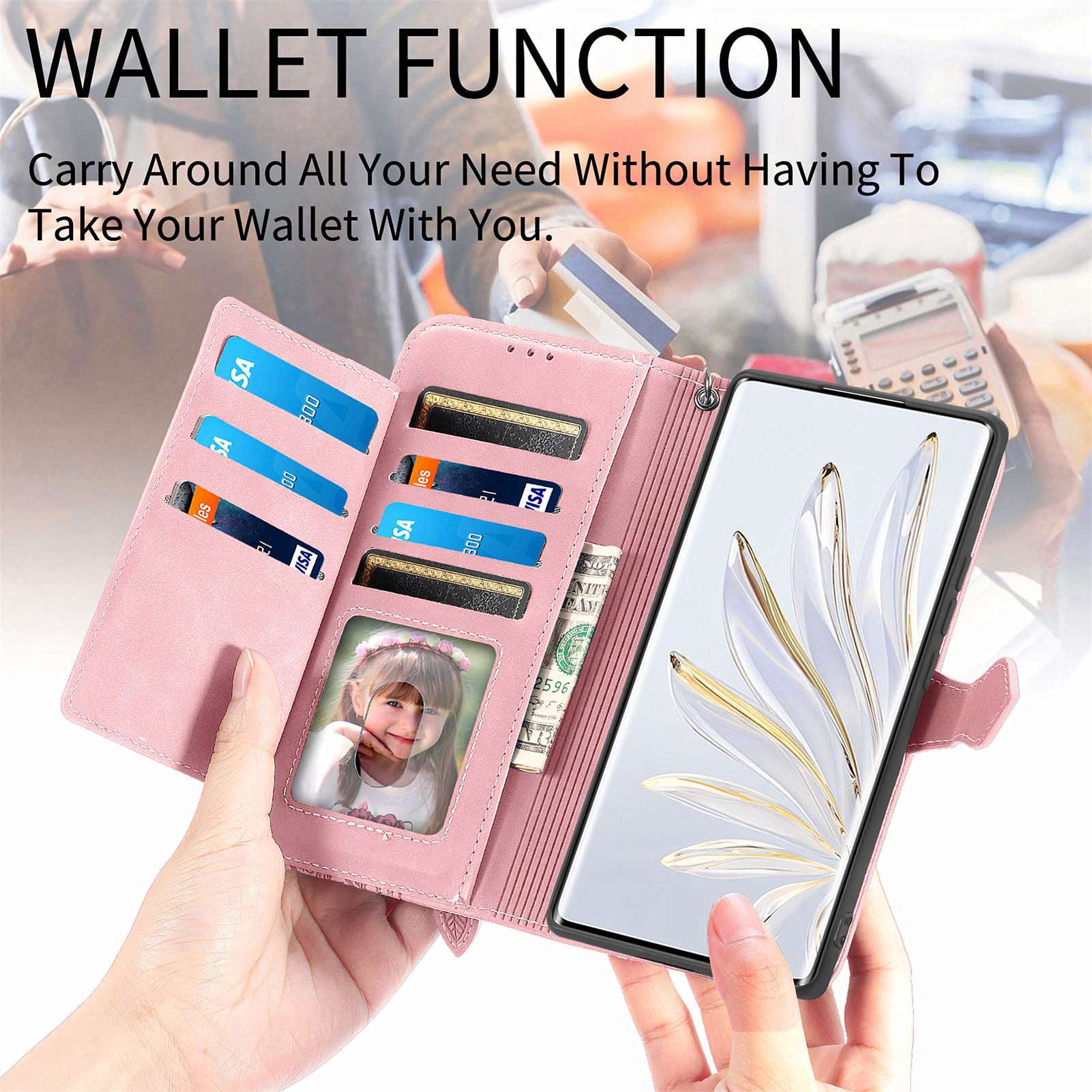 For Samsung Galaxy S20 FE 2022/4G/5G/S20 Lite Zipper Pocket Design Imprinted Leather Phone Case Stand Wallet Style Magnetic Cover with Strap - Pink