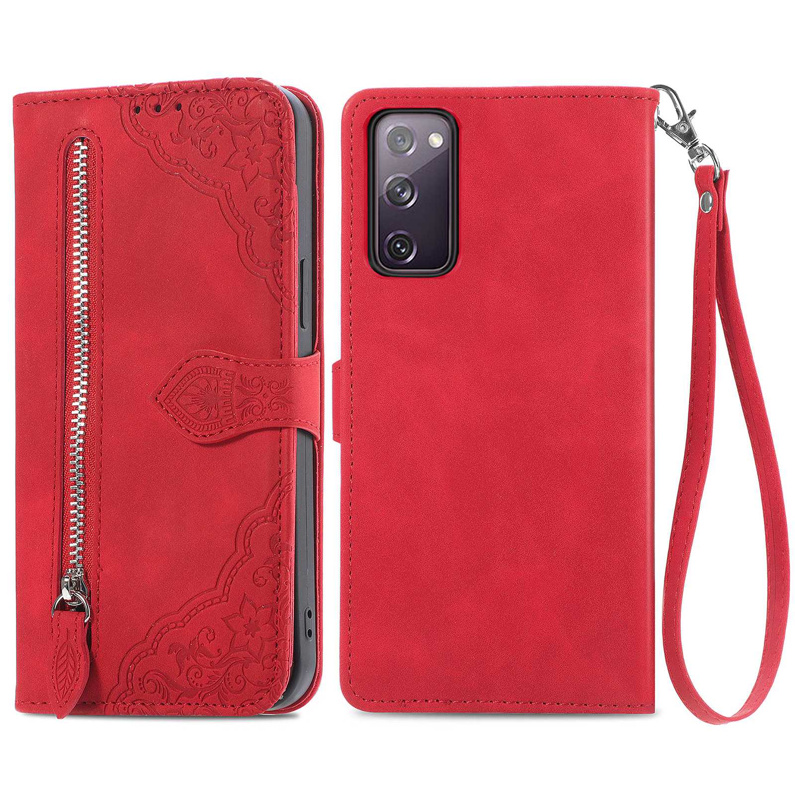 For Samsung Galaxy S20 FE 2022/4G/5G/S20 Lite Zipper Pocket Design Imprinted Leather Phone Case Stand Wallet Style Magnetic Cover with Strap - Red