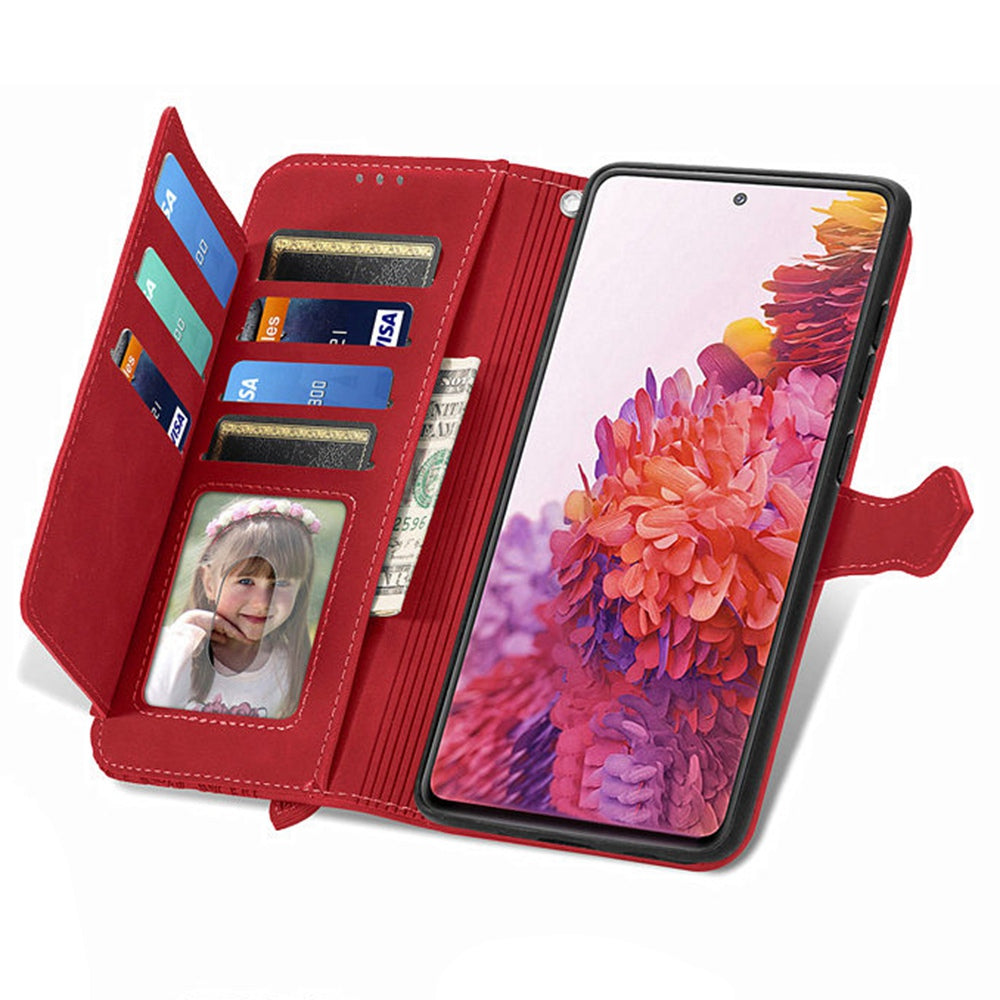 For Samsung Galaxy S20 FE 2022/4G/5G/S20 Lite Zipper Pocket Design Imprinted Leather Phone Case Stand Wallet Style Magnetic Cover with Strap - Red