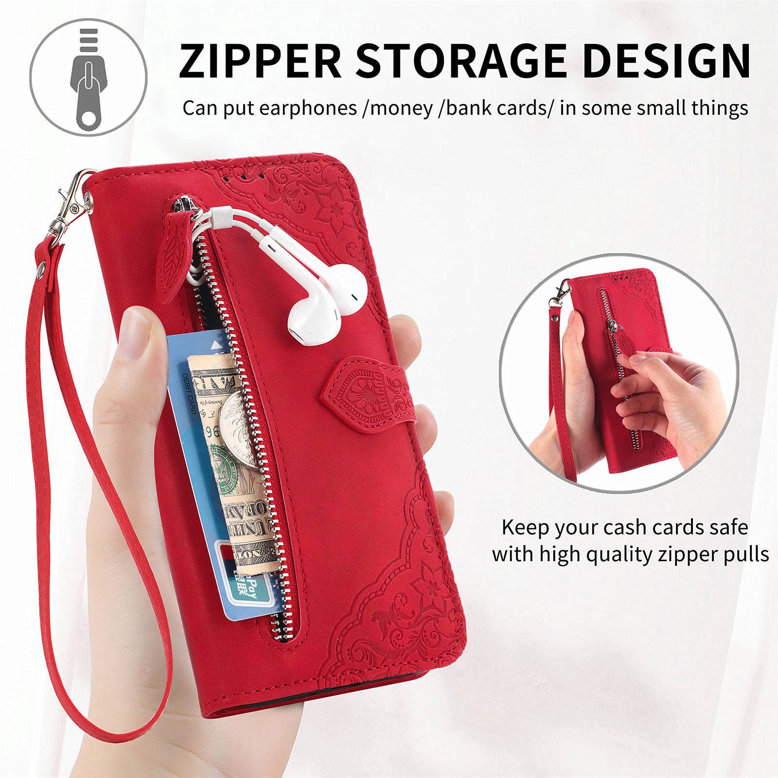 For Samsung Galaxy S20 FE 2022/4G/5G/S20 Lite Zipper Pocket Design Imprinted Leather Phone Case Stand Wallet Style Magnetic Cover with Strap - Red