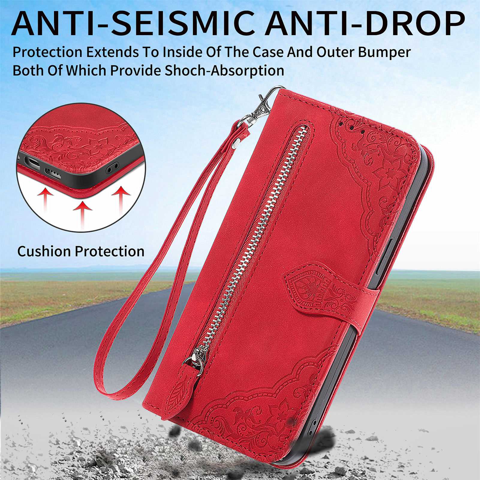 For Samsung Galaxy S20 FE 2022/4G/5G/S20 Lite Zipper Pocket Design Imprinted Leather Phone Case Stand Wallet Style Magnetic Cover with Strap - Red