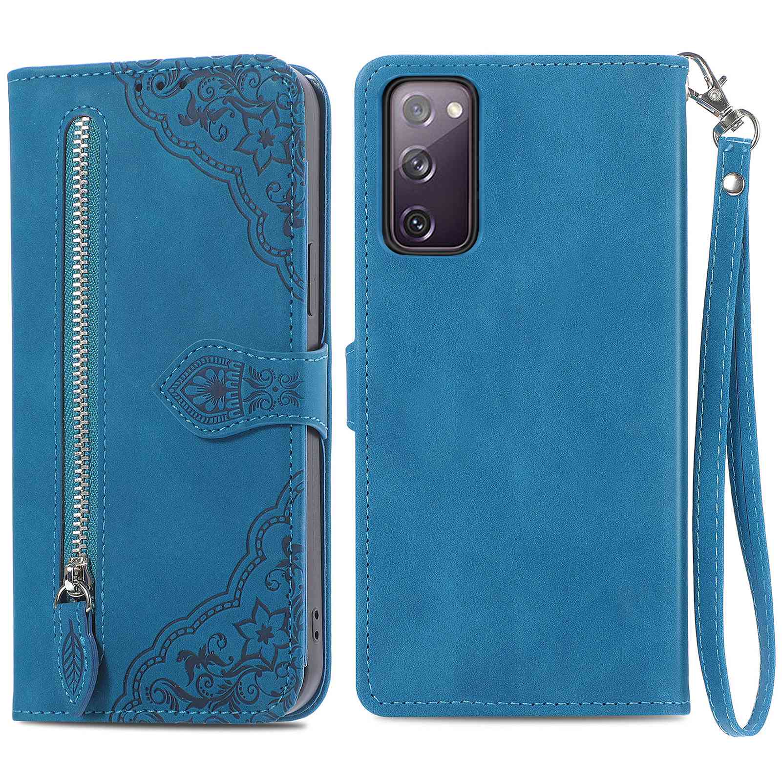 For Samsung Galaxy S20 FE 2022/4G/5G/S20 Lite Zipper Pocket Design Imprinted Leather Phone Case Stand Wallet Style Magnetic Cover with Strap - Blue