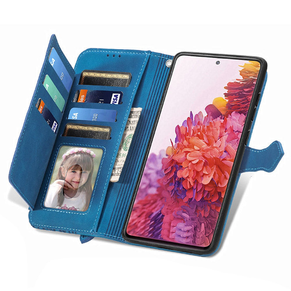 For Samsung Galaxy S20 FE 2022/4G/5G/S20 Lite Zipper Pocket Design Imprinted Leather Phone Case Stand Wallet Style Magnetic Cover with Strap - Blue