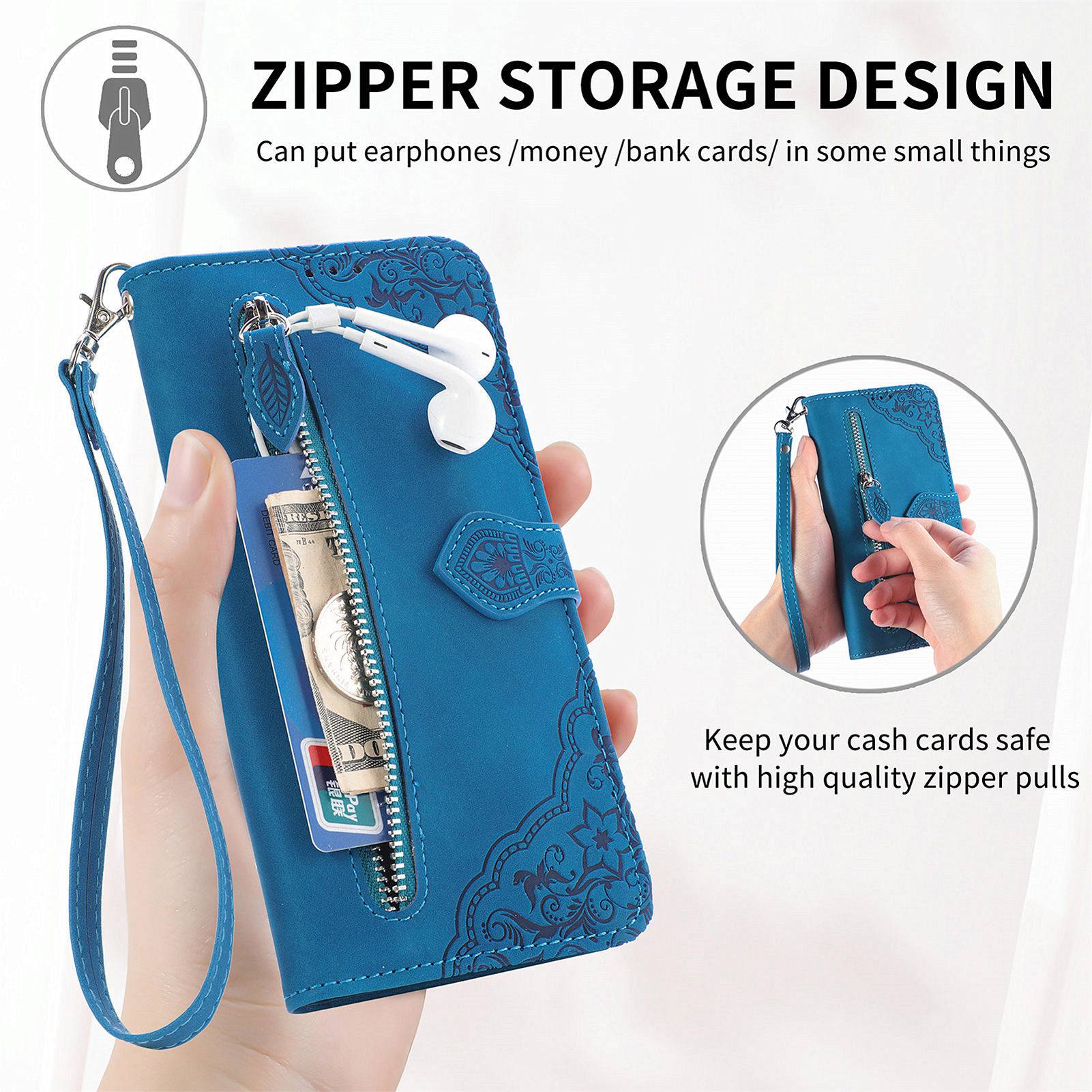 For Samsung Galaxy S20 FE 2022/4G/5G/S20 Lite Zipper Pocket Design Imprinted Leather Phone Case Stand Wallet Style Magnetic Cover with Strap - Blue