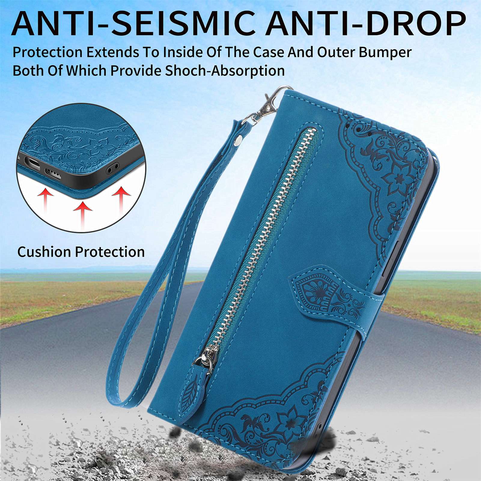 For Samsung Galaxy S20 FE 2022/4G/5G/S20 Lite Zipper Pocket Design Imprinted Leather Phone Case Stand Wallet Style Magnetic Cover with Strap - Blue