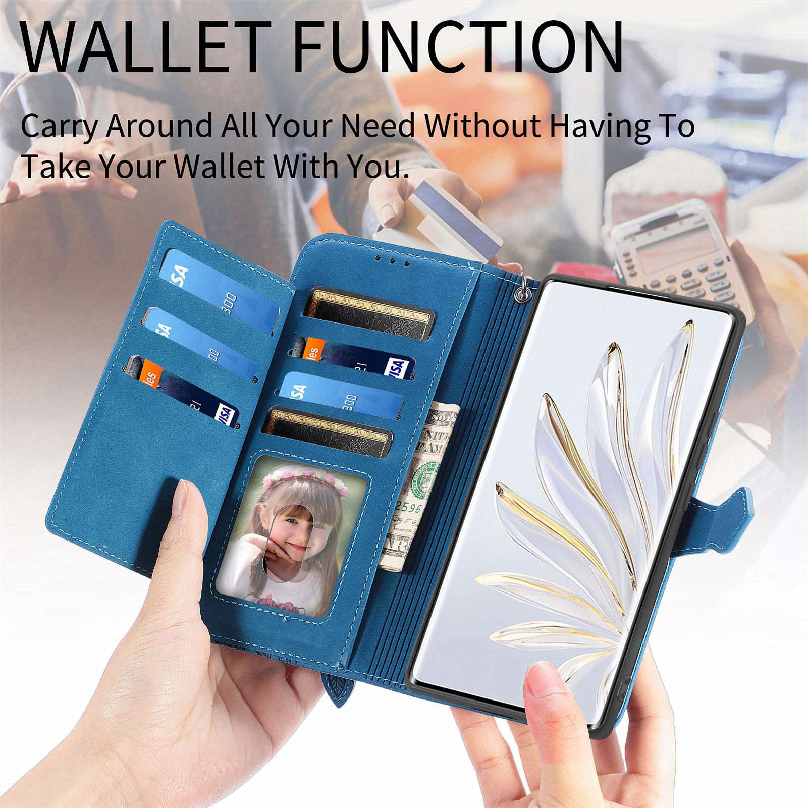 For Samsung Galaxy S20 FE 2022/4G/5G/S20 Lite Zipper Pocket Design Imprinted Leather Phone Case Stand Wallet Style Magnetic Cover with Strap - Blue