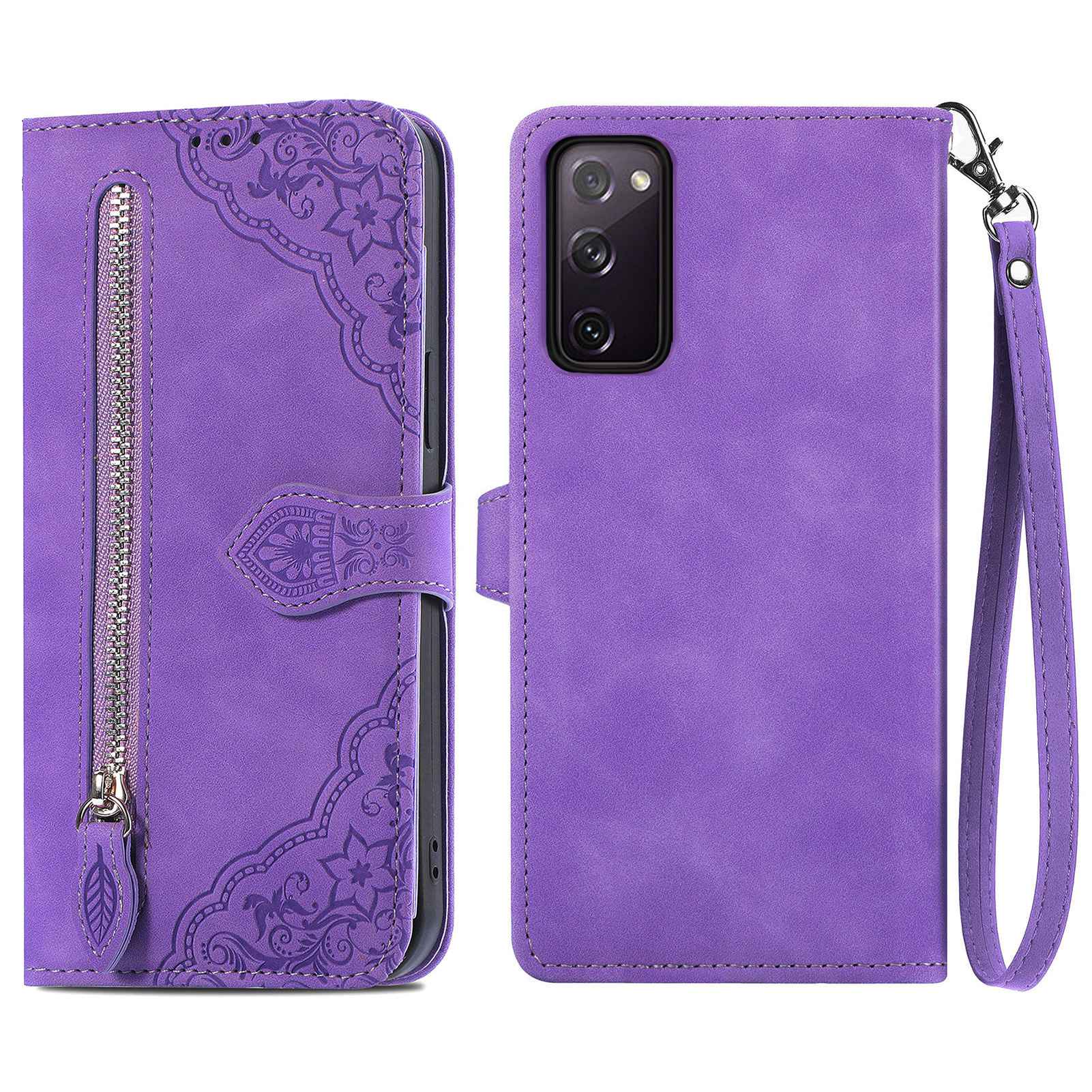 For Samsung Galaxy S20 FE 2022/4G/5G/S20 Lite Zipper Pocket Design Imprinted Leather Phone Case Stand Wallet Style Magnetic Cover with Strap - Purple