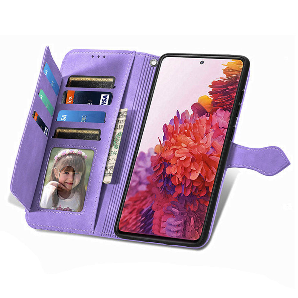 For Samsung Galaxy S20 FE 2022/4G/5G/S20 Lite Zipper Pocket Design Imprinted Leather Phone Case Stand Wallet Style Magnetic Cover with Strap - Purple