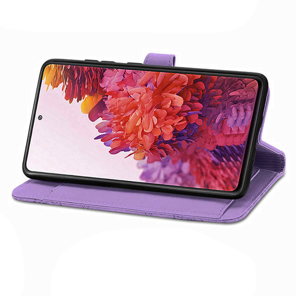 For Samsung Galaxy S20 FE 2022/4G/5G/S20 Lite Zipper Pocket Design Imprinted Leather Phone Case Stand Wallet Style Magnetic Cover with Strap - Purple