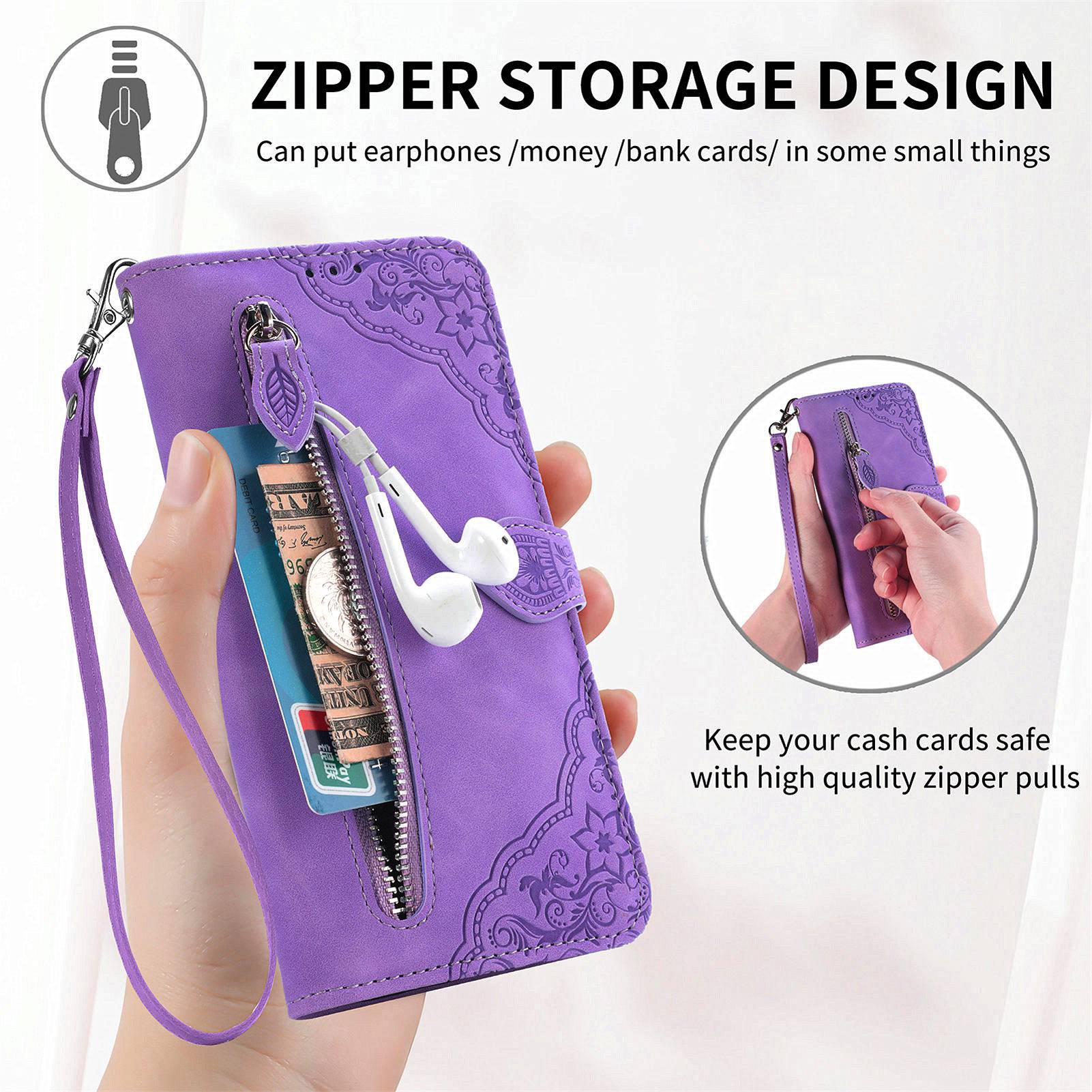 For Samsung Galaxy S20 FE 2022/4G/5G/S20 Lite Zipper Pocket Design Imprinted Leather Phone Case Stand Wallet Style Magnetic Cover with Strap - Purple