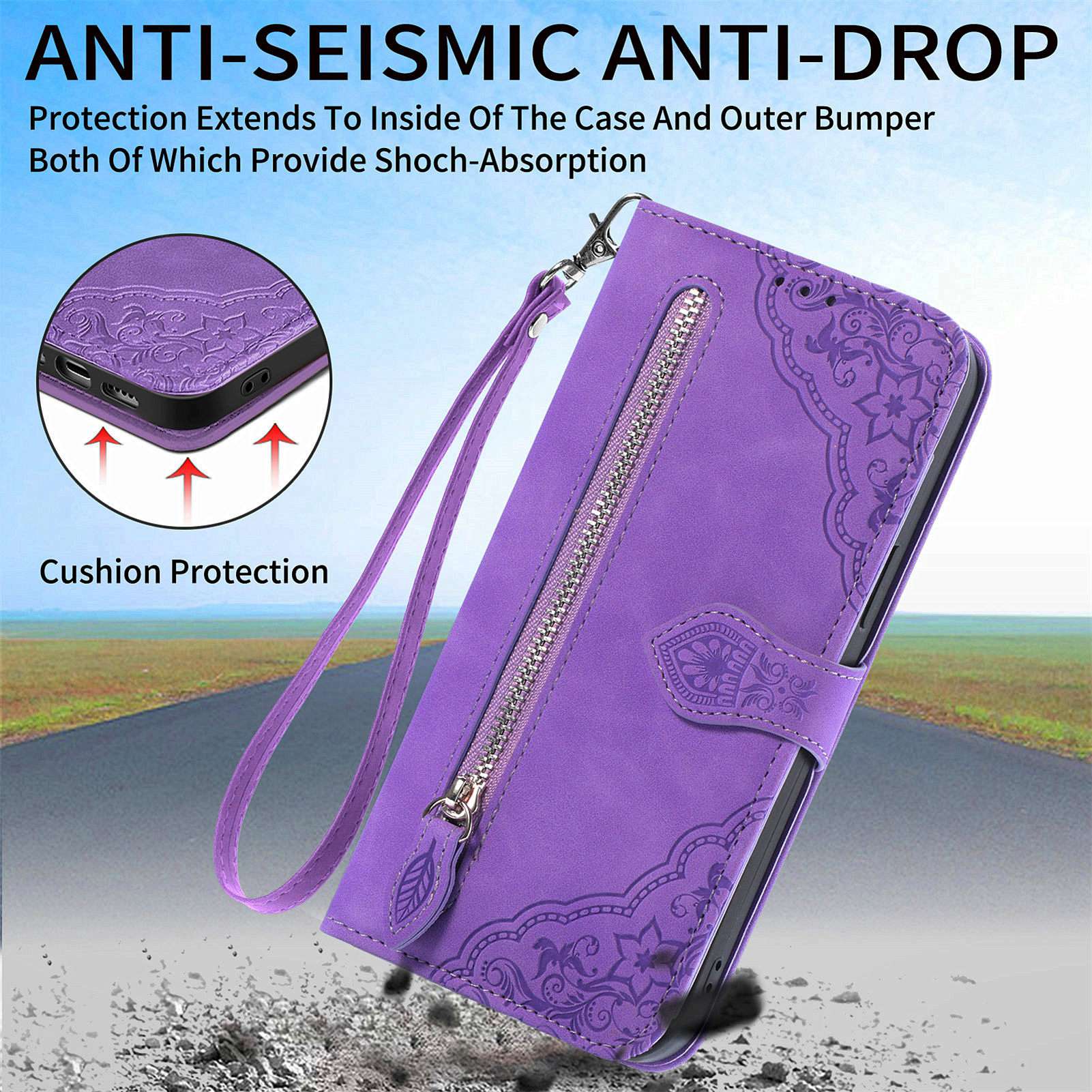 For Samsung Galaxy S20 FE 2022/4G/5G/S20 Lite Zipper Pocket Design Imprinted Leather Phone Case Stand Wallet Style Magnetic Cover with Strap - Purple