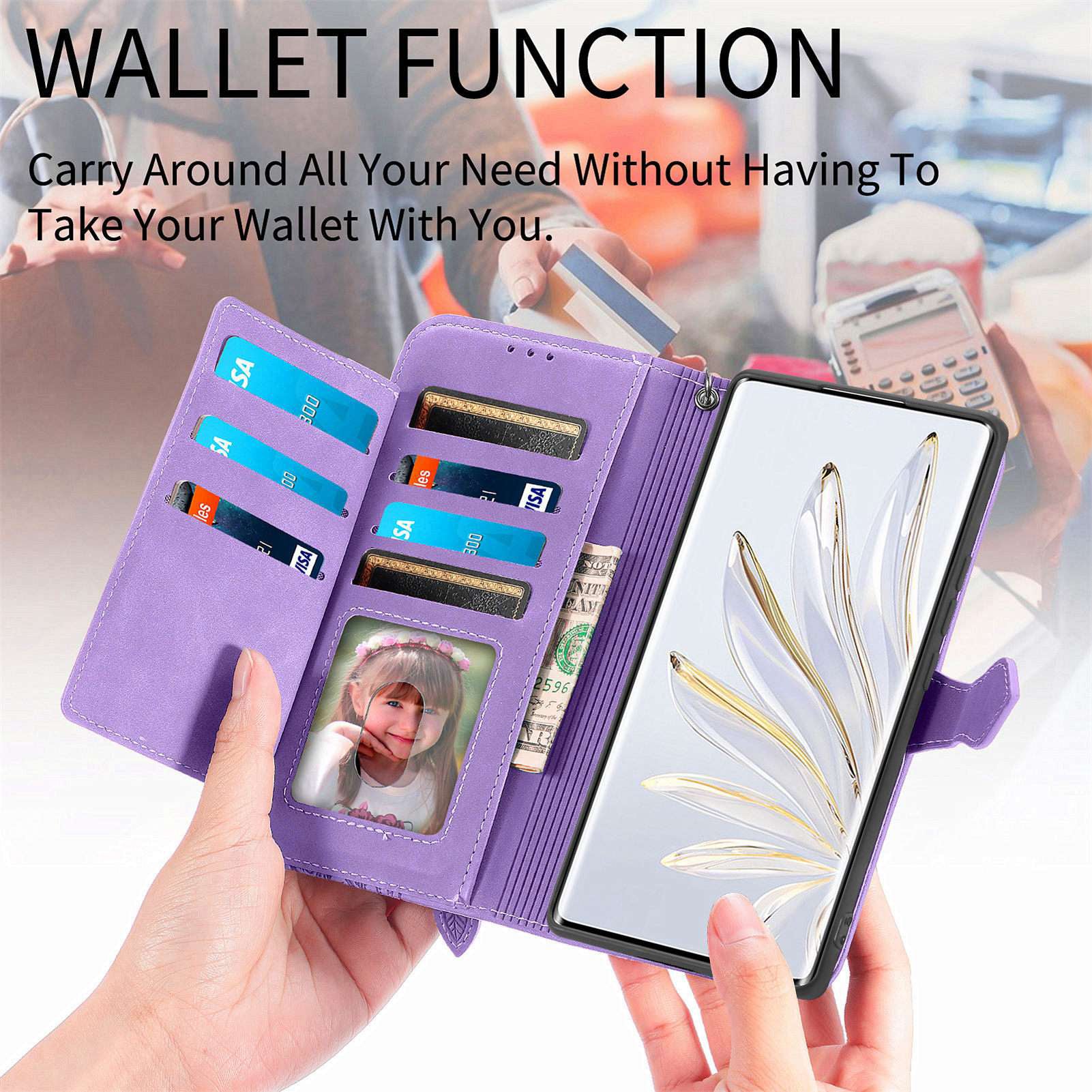 For Samsung Galaxy S20 FE 2022/4G/5G/S20 Lite Zipper Pocket Design Imprinted Leather Phone Case Stand Wallet Style Magnetic Cover with Strap - Purple