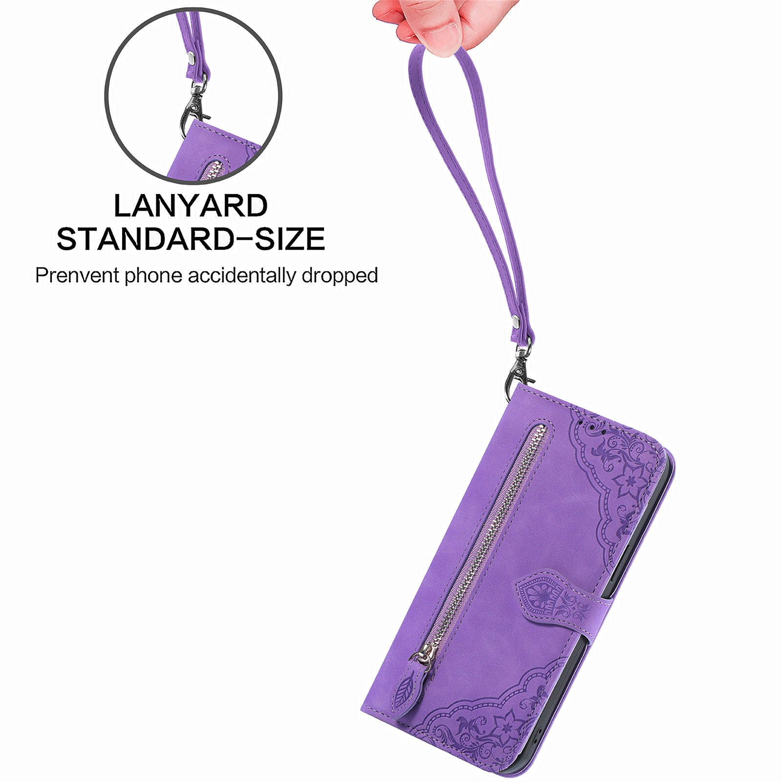 For Samsung Galaxy S20 FE 2022/4G/5G/S20 Lite Zipper Pocket Design Imprinted Leather Phone Case Stand Wallet Style Magnetic Cover with Strap - Purple