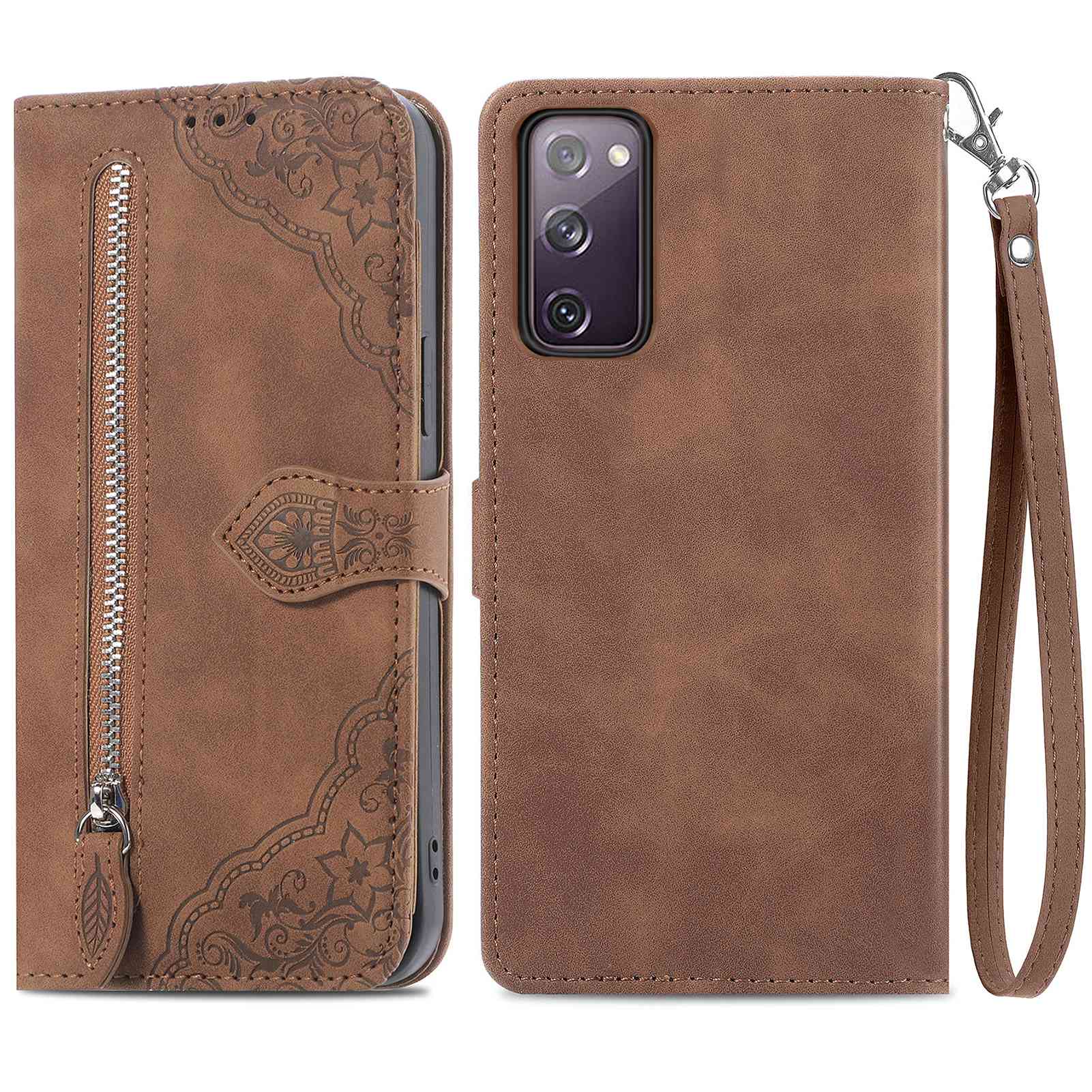 For Samsung Galaxy S20 FE 2022/4G/5G/S20 Lite Zipper Pocket Design Imprinted Leather Phone Case Stand Wallet Style Magnetic Cover with Strap - Brown