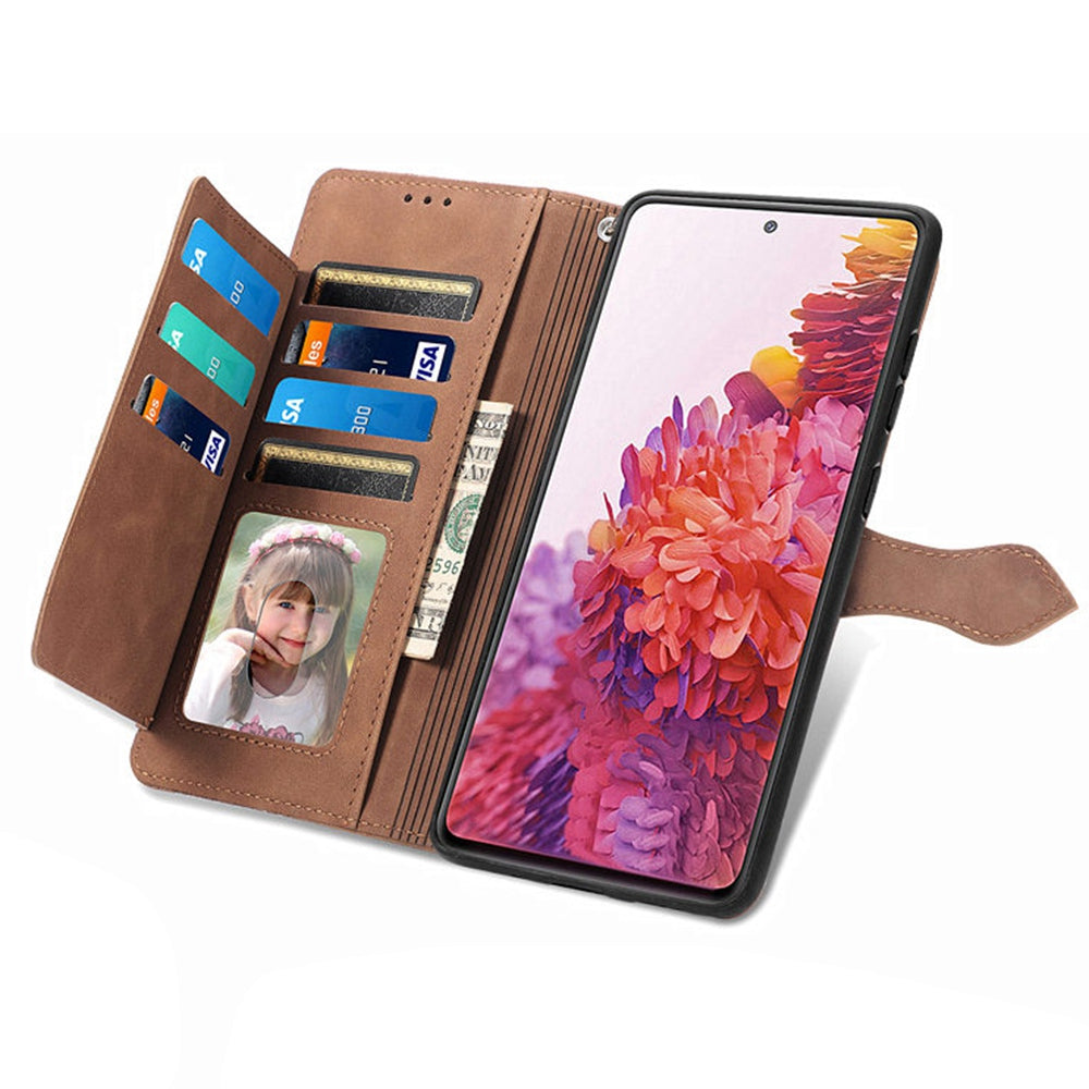 For Samsung Galaxy S20 FE 2022/4G/5G/S20 Lite Zipper Pocket Design Imprinted Leather Phone Case Stand Wallet Style Magnetic Cover with Strap - Brown