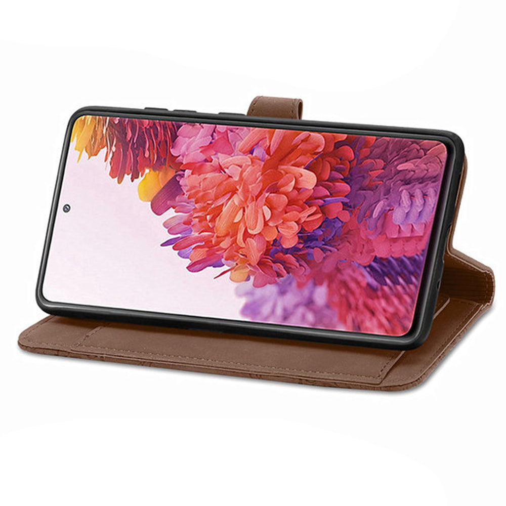 For Samsung Galaxy S20 FE 2022/4G/5G/S20 Lite Zipper Pocket Design Imprinted Leather Phone Case Stand Wallet Style Magnetic Cover with Strap - Brown