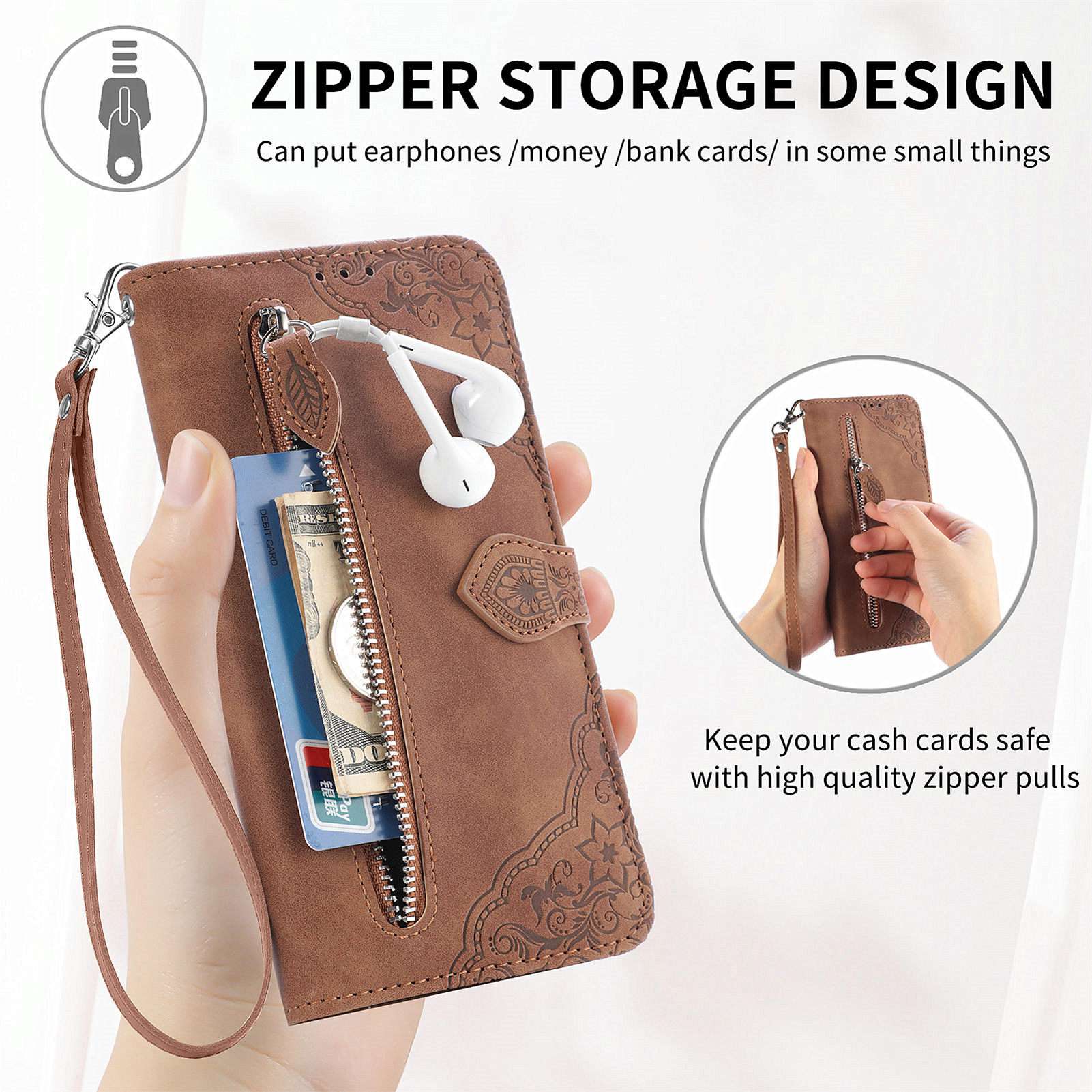 For Samsung Galaxy S20 FE 2022/4G/5G/S20 Lite Zipper Pocket Design Imprinted Leather Phone Case Stand Wallet Style Magnetic Cover with Strap - Brown