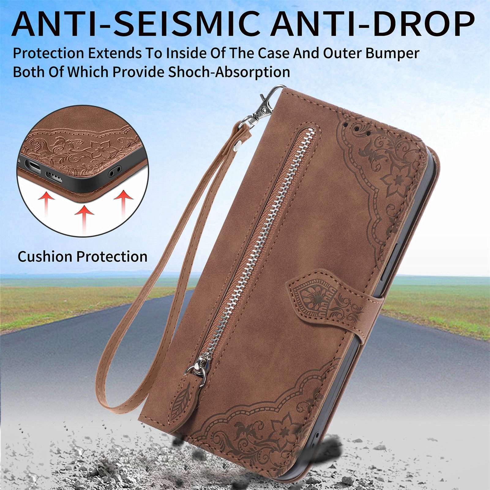 For Samsung Galaxy S20 FE 2022/4G/5G/S20 Lite Zipper Pocket Design Imprinted Leather Phone Case Stand Wallet Style Magnetic Cover with Strap - Brown