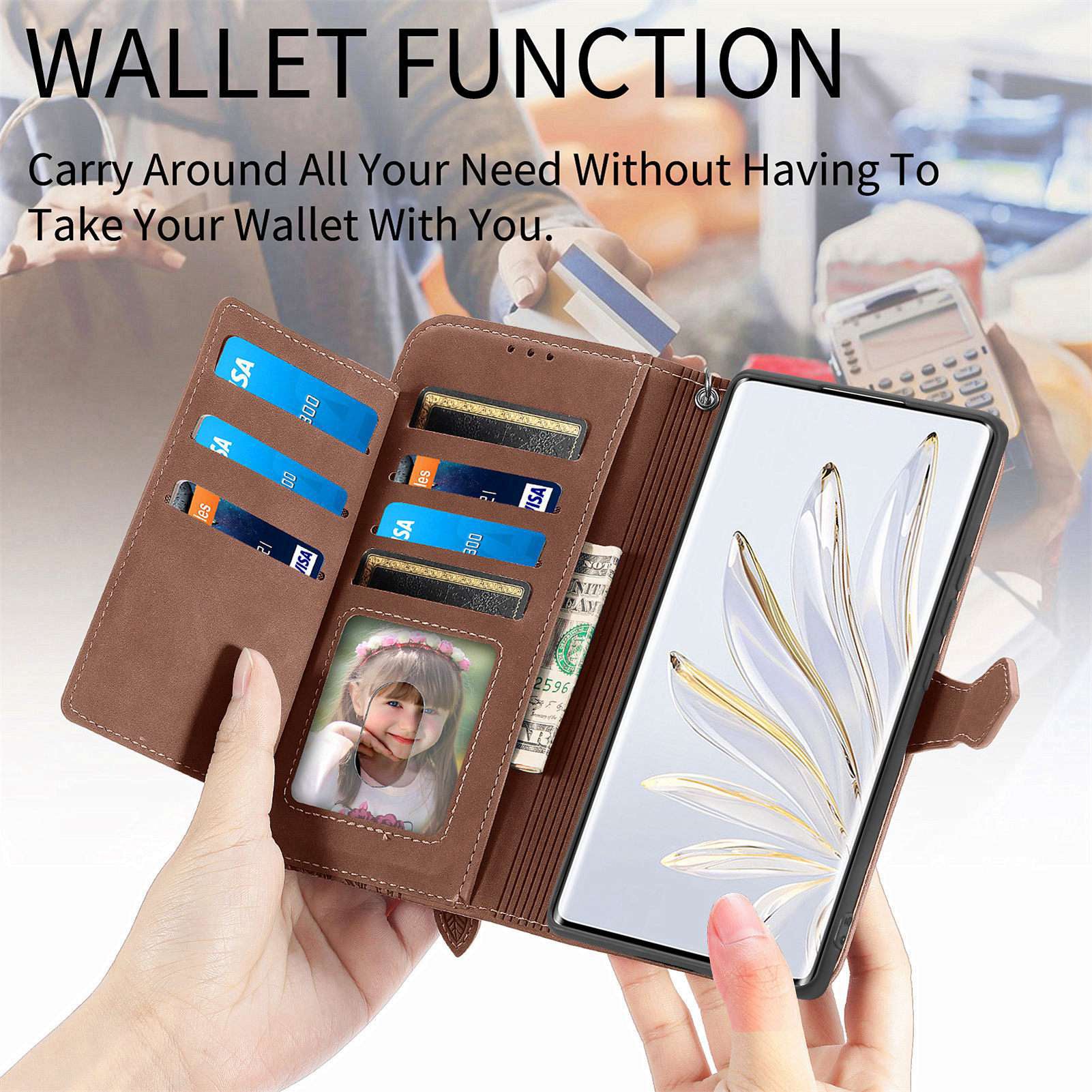 For Samsung Galaxy S20 FE 2022/4G/5G/S20 Lite Zipper Pocket Design Imprinted Leather Phone Case Stand Wallet Style Magnetic Cover with Strap - Brown