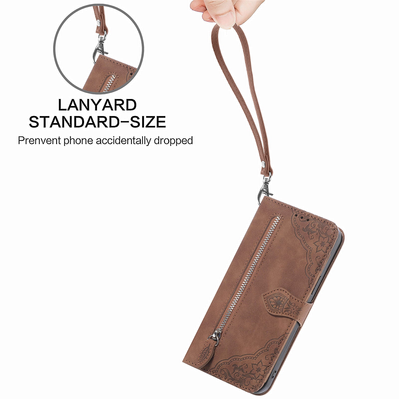 For Samsung Galaxy S20 FE 2022/4G/5G/S20 Lite Zipper Pocket Design Imprinted Leather Phone Case Stand Wallet Style Magnetic Cover with Strap - Brown