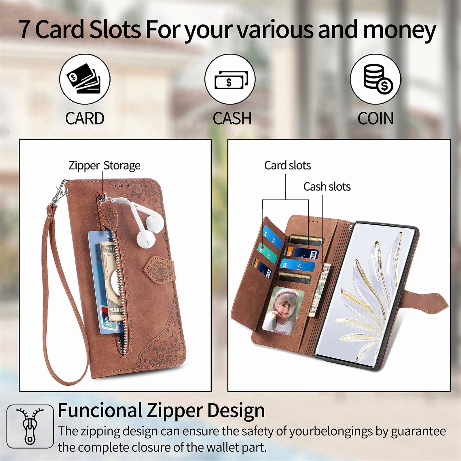 For Samsung Galaxy S20 FE 2022/4G/5G/S20 Lite Zipper Pocket Design Imprinted Leather Phone Case Stand Wallet Style Magnetic Cover with Strap - Brown