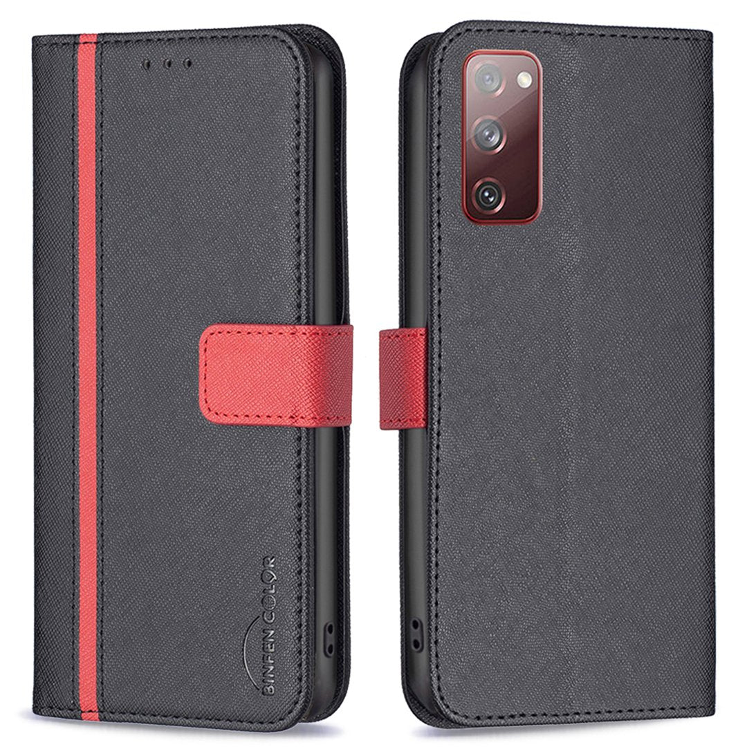 BINFEN COLOR For Samsung Galaxy S20 FE 2022/S20 FE 4G/FE 5G/S20 Lite BF Leather Series-9 Style 13 Cross Texture Matte PU Leather Cover Splicing Design Drop-proof Phone Stand Wallet Case - Black