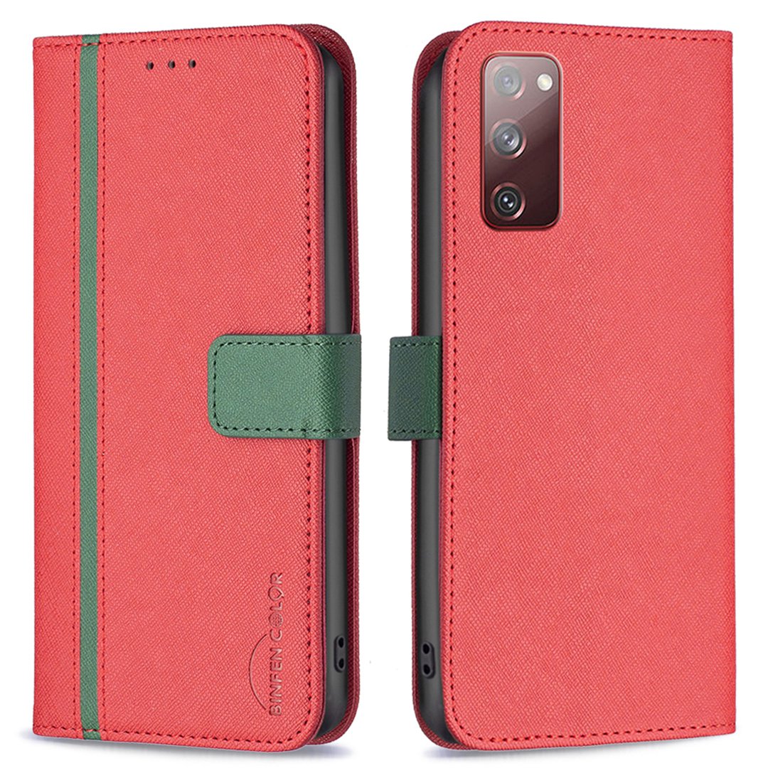 BINFEN COLOR For Samsung Galaxy S20 FE 2022/S20 FE 4G/FE 5G/S20 Lite BF Leather Series-9 Style 13 Cross Texture Matte PU Leather Cover Splicing Design Drop-proof Phone Stand Wallet Case - Red