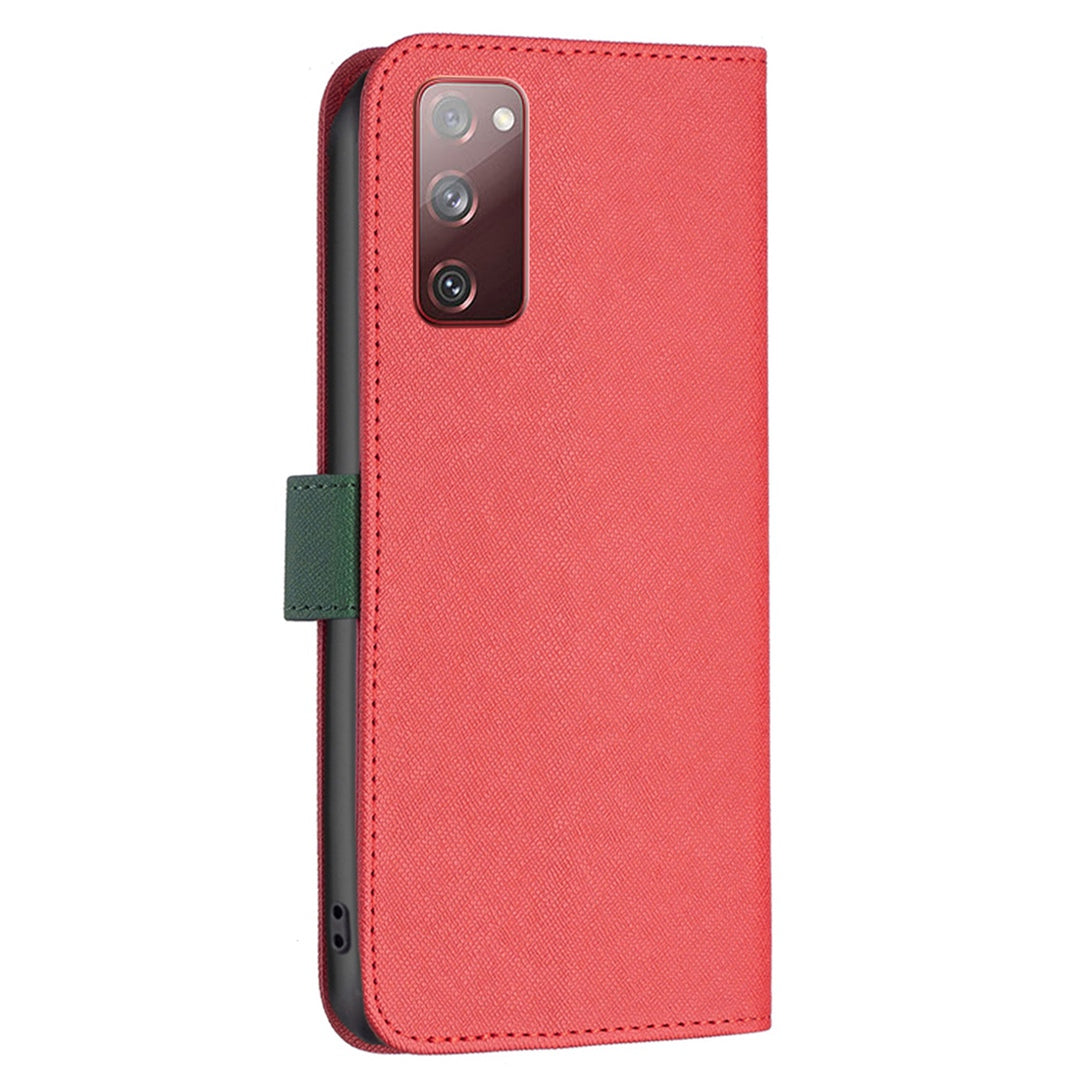 BINFEN COLOR For Samsung Galaxy S20 FE 2022/S20 FE 4G/FE 5G/S20 Lite BF Leather Series-9 Style 13 Cross Texture Matte PU Leather Cover Splicing Design Drop-proof Phone Stand Wallet Case - Red