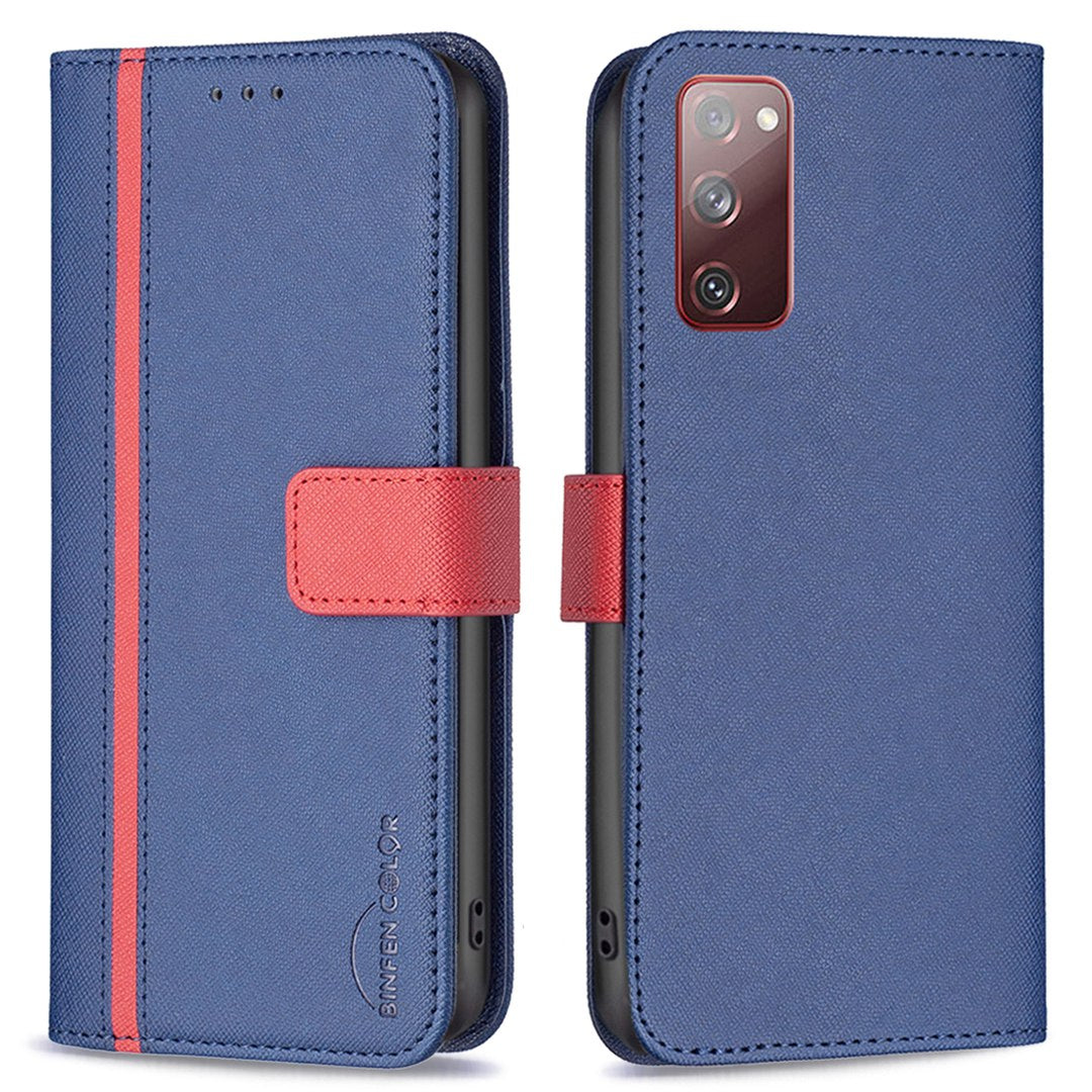 BINFEN COLOR For Samsung Galaxy S20 FE 2022/S20 FE 4G/FE 5G/S20 Lite BF Leather Series-9 Style 13 Cross Texture Matte PU Leather Cover Splicing Design Drop-proof Phone Stand Wallet Case - Blue