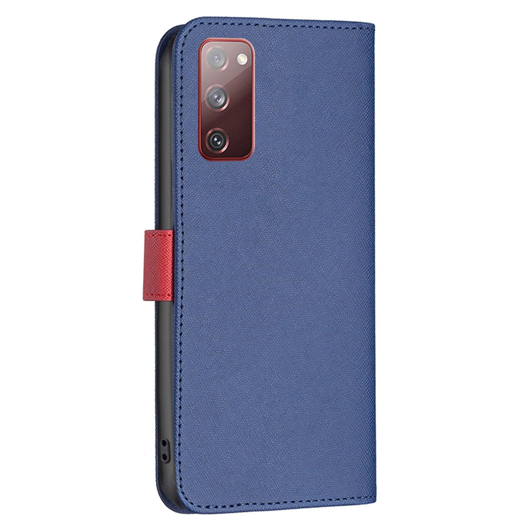 BINFEN COLOR For Samsung Galaxy S20 FE 2022/S20 FE 4G/FE 5G/S20 Lite BF Leather Series-9 Style 13 Cross Texture Matte PU Leather Cover Splicing Design Drop-proof Phone Stand Wallet Case - Blue