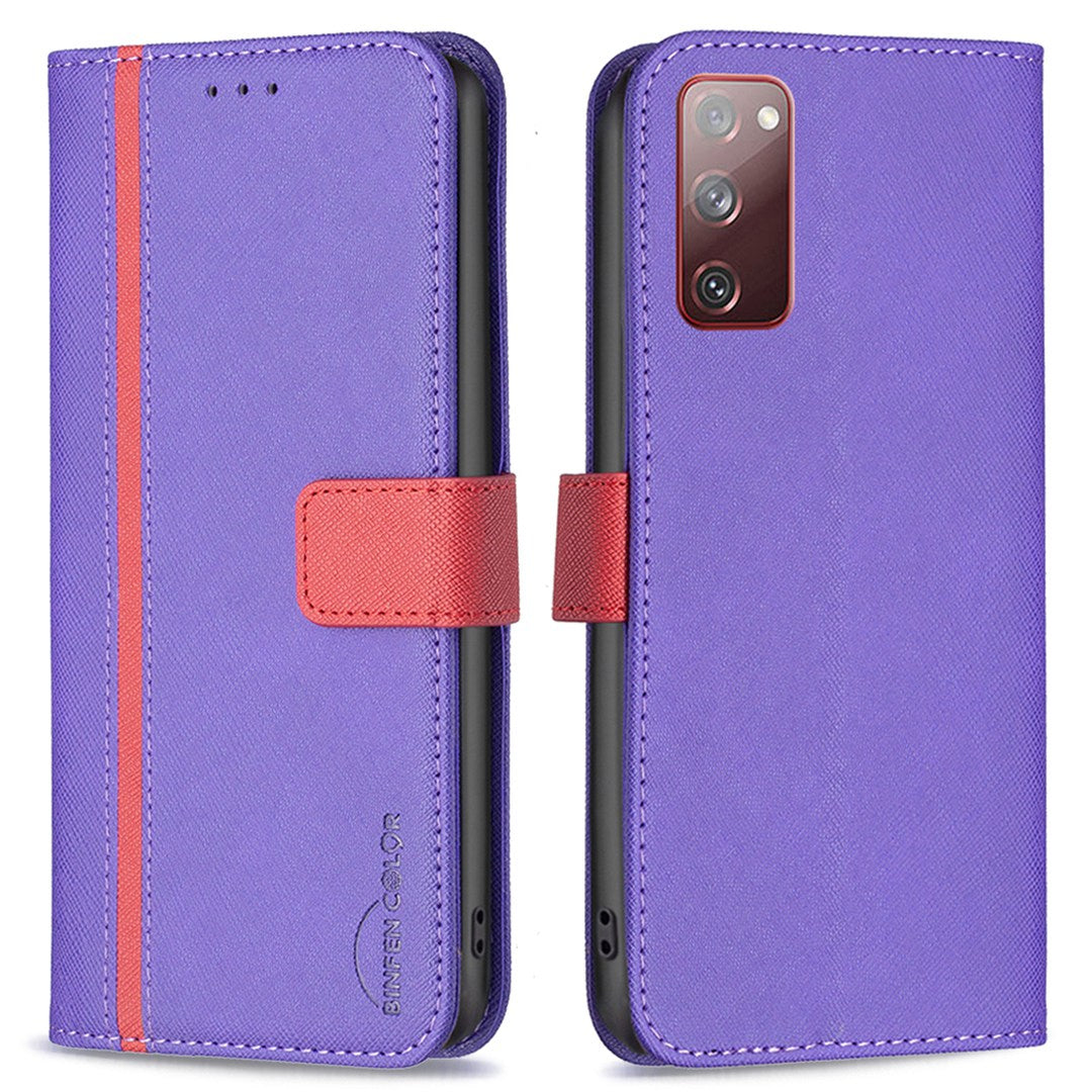 BINFEN COLOR For Samsung Galaxy S20 FE 2022/S20 FE 4G/FE 5G/S20 Lite BF Leather Series-9 Style 13 Cross Texture Matte PU Leather Cover Splicing Design Drop-proof Phone Stand Wallet Case - Purple