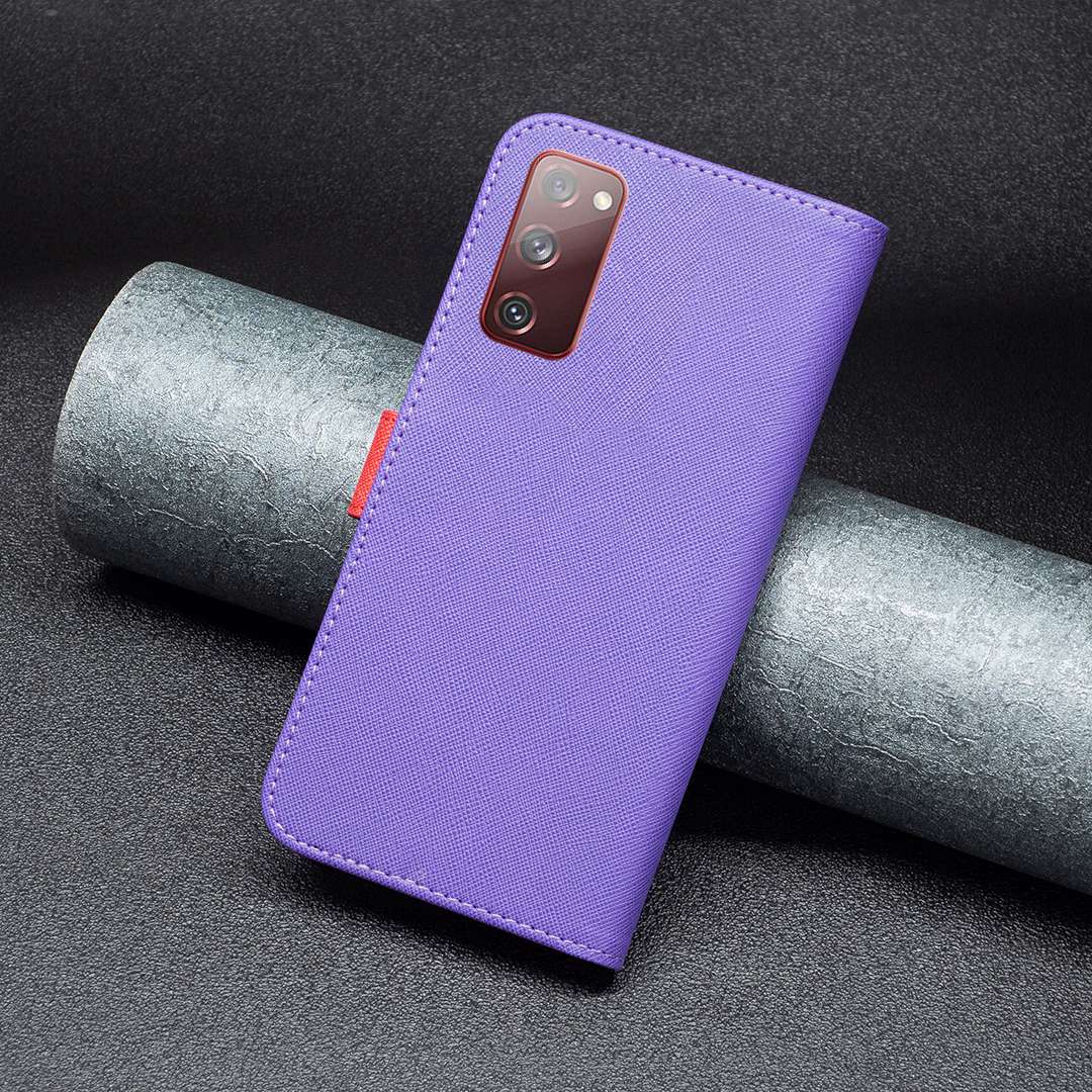 BINFEN COLOR For Samsung Galaxy S20 FE 2022/S20 FE 4G/FE 5G/S20 Lite BF Leather Series-9 Style 13 Cross Texture Matte PU Leather Cover Splicing Design Drop-proof Phone Stand Wallet Case - Purple